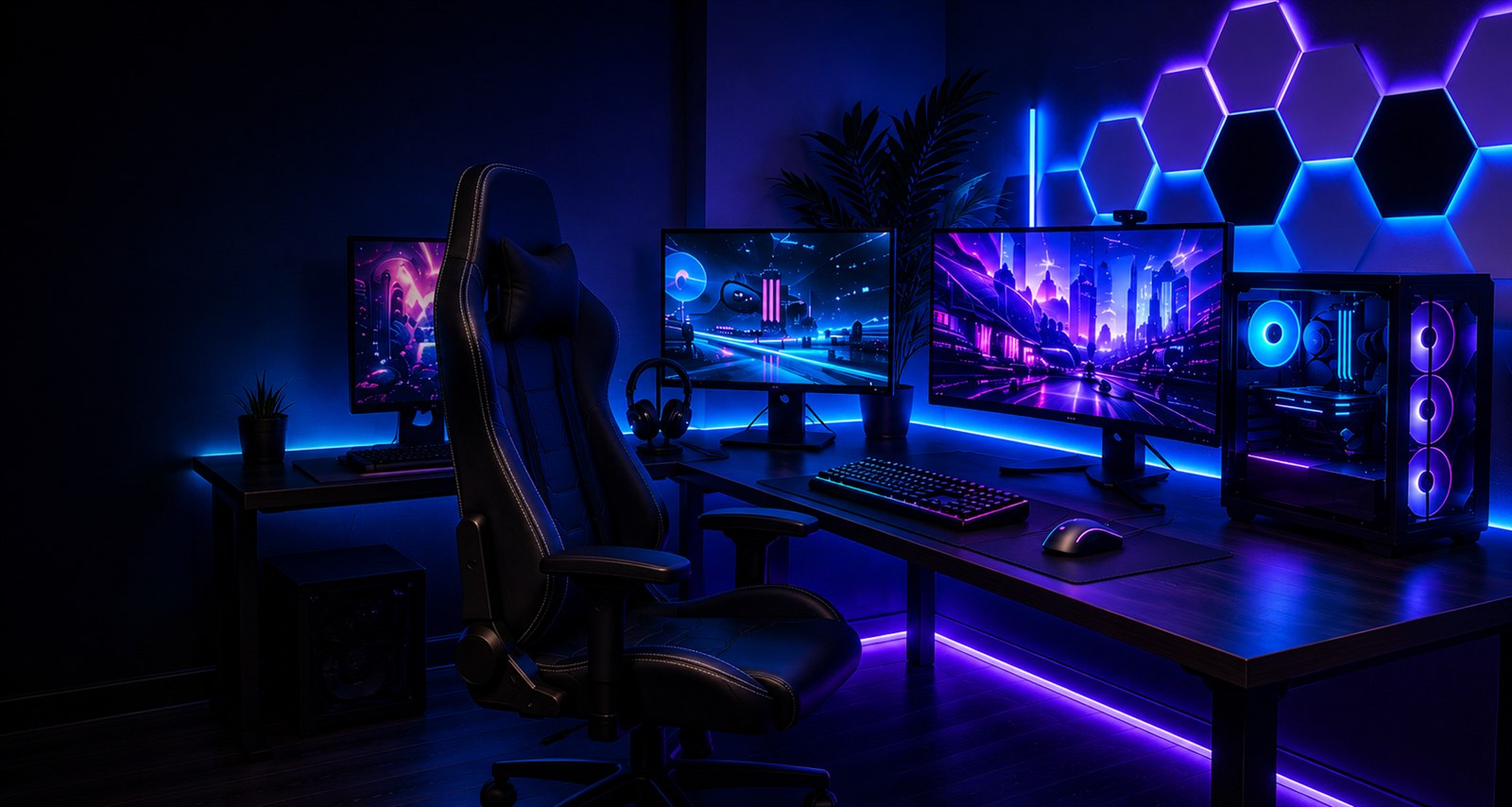 Premium RGB gaming desk setup with monitors, gaming chair, keyboard, mouse and gaming PC